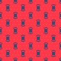 Blue line Sewing thread on spool icon isolated seamless pattern on red background. Yarn spool. Thread bobbin. Vector Royalty Free Stock Photo