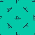 Blue line Shark fin in ocean wave icon isolated seamless pattern on green background. Vector Royalty Free Stock Photo