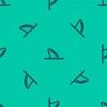 Blue line Shark fin in ocean wave icon isolated seamless pattern on green background. Vector Royalty Free Stock Photo