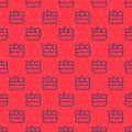 Blue line Shark fin in ocean wave icon isolated seamless pattern on red background. Vector Royalty Free Stock Photo