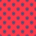 Blue line Shield protecting from virus, germs and bacteria icon isolated seamless pattern on red background. Immune Royalty Free Stock Photo
