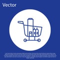 Blue line Shopping cart and food icon isolated on blue background. Food store, supermarket. White circle button. Vector Royalty Free Stock Photo