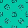 Blue line Short or pants icon isolated seamless pattern on green background. Vector
