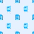 Blue line Sim card icon isolated seamless pattern on grey background. Mobile cellular phone sim card chip. Mobile