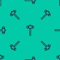 Blue line Sledgehammer icon isolated seamless pattern on green background. Vector Illustration