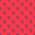 Blue line Slingshot icon isolated seamless pattern on red background. Vector