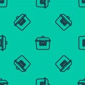 Blue line Slow cooker icon isolated seamless pattern on green background. Electric pan. Vector Royalty Free Stock Photo