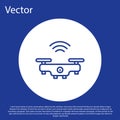 Blue line Smart drone system icon isolated on blue background. Quadrocopter with video and photo camera symbol. White Royalty Free Stock Photo