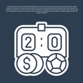 Blue line Soccer football betting money icon isolated on blue background. Football bet bookmaker. Soccer betting online