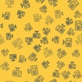 Blue line Software, web developer programming code icon isolated seamless pattern on yellow background. Javascript Royalty Free Stock Photo