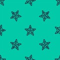 Blue line Starfish icon isolated seamless pattern on green background. Vector Royalty Free Stock Photo