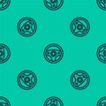 Blue line Steering wheel icon isolated seamless pattern on green background. Car wheel icon. Vector