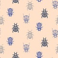 Blue line style beetle vector seamless pattern for print.