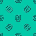 Blue line Suit icon isolated seamless pattern on green background. Tuxedo. Wedding suits with necktie. Vector Royalty Free Stock Photo