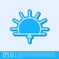 Blue line Sunrise icon isolated on grey background. Vector Illustration