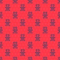 Blue line Teddy bear plush toy icon isolated seamless pattern on red background. Vector Royalty Free Stock Photo