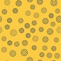 Blue line Tennis ball icon isolated seamless pattern on yellow background. Sport equipment. Vector Royalty Free Stock Photo