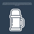 Blue line Thermos container icon isolated on blue background. Thermo flask icon. Camping and hiking equipment. Vector Royalty Free Stock Photo