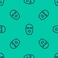 Blue line Thief mask icon isolated seamless pattern on green background. Bandit mask, criminal man. Vector Illustration Royalty Free Stock Photo