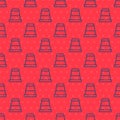 Blue line Thimble for sewing icon isolated seamless pattern on red background. Vector Illustration