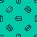 Blue line Ticket icon isolated seamless pattern on green background. Amusement park. Vector Illustration Royalty Free Stock Photo