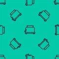 Blue line Toaster with toasts icon isolated seamless pattern on green background. Vector