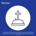 Blue line Tombstone with cross icon isolated on blue background. Grave icon. White circle button. Vector Illustration