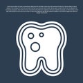 Blue line Tooth with caries icon isolated on blue background. Tooth decay. Vector