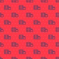 Blue line Toy building block bricks for children icon isolated seamless pattern on red background. Vector Royalty Free Stock Photo