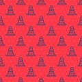 Blue line Traffic cone icon isolated seamless pattern on red background. Vector