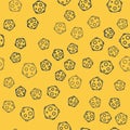 Blue line UFO abducts cow icon isolated seamless pattern on yellow background. Flying saucer. Alien space ship