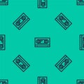 Blue line VHS video cassette tape icon isolated seamless pattern on green background. Vector Royalty Free Stock Photo