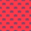 Blue line VHS video cassette tape icon isolated seamless pattern on red background. Vector Illustration. Royalty Free Stock Photo