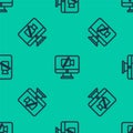 Blue line Video camera Off on computer icon isolated seamless pattern on green background. No video. Vector Royalty Free Stock Photo