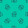 Blue line Video camera Off in home icon isolated seamless pattern on green background. No video. Vector Royalty Free Stock Photo