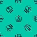 Blue line Video chat conference icon isolated seamless pattern on green background. Computer with video chat interface Royalty Free Stock Photo