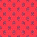 Blue line Viking head icon isolated seamless pattern on red background. Vector