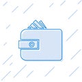 Blue line Wallet with stacks paper money cash icon isolated on white background. Purse icon. Cash savings symbol. Vector Royalty Free Stock Photo