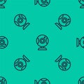 Blue line Web camera icon isolated seamless pattern on green background. Chat camera. Webcam icon. Vector