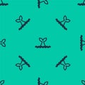 Blue line Whale tail in ocean wave icon isolated seamless pattern on green background. Vector Royalty Free Stock Photo
