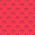 Blue line Whale tail in ocean wave icon isolated seamless pattern on red background. Vector Royalty Free Stock Photo