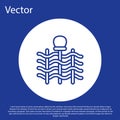 Blue line Wicker fence of thin rods with old clay jars icon isolated on blue background. White circle button. Vector