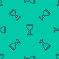 Blue line Wine glass icon isolated seamless pattern on green background. Wineglass icon. Goblet symbol. Glassware sign Royalty Free Stock Photo