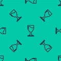 Blue line Wine glass icon isolated seamless pattern on green background. Wineglass icon. Goblet symbol. Glassware sign Royalty Free Stock Photo