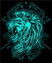 Blue Lion head cyberpunk warrior with sacred geometry background for poster and tshirt design