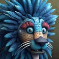 3d Lion Figurine With Blue Feathers And Spiky Hair