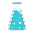 Blue liquid in clear Erlenmeyer flask with bubbles. Laboratory glassware with chemical solution, simple flat design