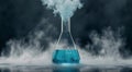 Blue Liquid in Glass Flask With Vapor on Dark Background in Laboratory Setting