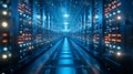 Blue-Lit Data Center With Rows of Servers Royalty Free Stock Photo