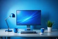 Blue-lit home office desktop setup keyboard, mouse, mugs, plant Royalty Free Stock Photo